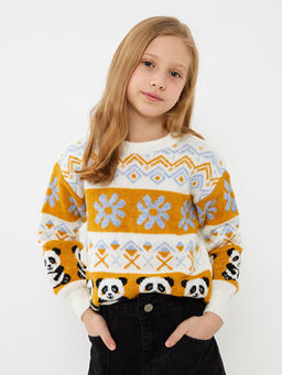 Bisiklet Yaka Desenli Uzun Kollu K?z ?ocuk Triko Kazak