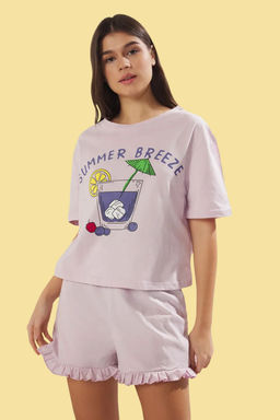 Trendyolmilla Lila %100 Pamuklu Yaz Temal? F?rf?rl? Sortlu Orme Pijama Tak?m? THMSS25PT00147