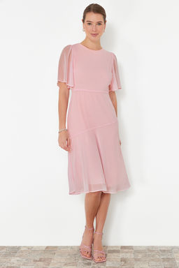 Pudra Etegi Volanl? A Kesim Sifon Midi Astarl? Dokuma Elbise TWOSS22EL00733