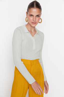 Ekru Merserize Gorunumlu Polo Yaka Fitilli Triko Kazak TWOAW21KZ0773