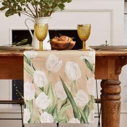 Дорожка на стол Этель Белые тюльпаны, 40?149 см, 100% хлопок, саржа 190 г/м?, бежевая