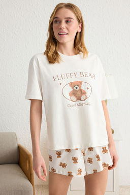 Trendyolmilla Ac?k Bej %100 Pamuklu Ay?c?kl? ve Slogan Bask?l? Sortlu Orme Pijama Tak?m? THMSS25PT00110 фото 3