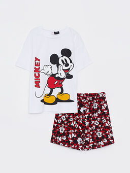 Bisiklet Yaka Mickey Mouse Bask?l? K?sa Kollu K?z ?ocuk ?ortlu Pijama Tak?m?