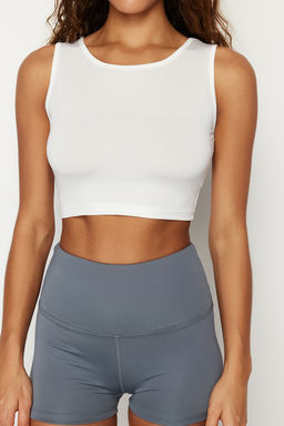 Beyaz %100 Pamuklu 2 Katmanl? Reflektor Bask?l? Crop Orme Spor T-Shirt THMSS24TS00001