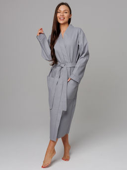 Женский вафельный халат с планкой серый В-02 (20)