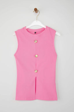 Pembe Aksesuar Dugmeli Bisiklet Yaka Regular Boy Yelek Orme Bluz TWOSS25BZ00558