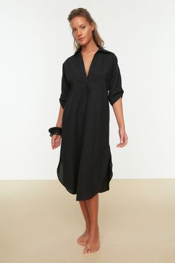 Siyah Dokuma Y?rtmacl? Plaj Midi Elbise TBESS21EL3847 - Trendyolmilla фото 5