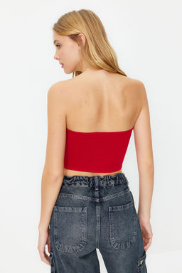 Trendyolmilla Ekru Fitted Straplez Yaka Crop Esnek Orme Bluz TWOSS24BZ00055 фото 14