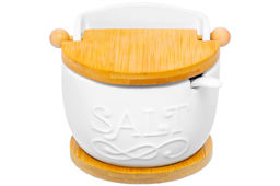 Банка д/соли 350 мл 12*9,5*10 см "Salt" на бамбук.подс + откидная бамбук.крышка + ложка