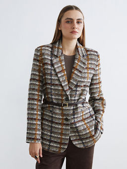 Ekose Kemerli Kad?n T?vit Blazer Ceket