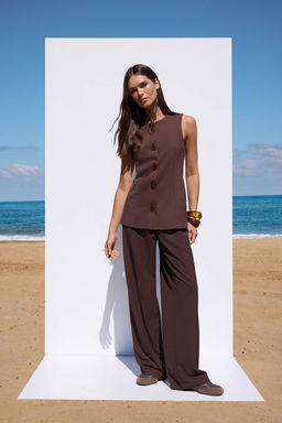 Sustainable Kahverengi Aksesuar Dugmeli Fitted Dokuma Yelek TWOAW26YE00052