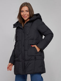 Зимняя женская куртка молодежная с капюшоном черного цвета 586821Ch