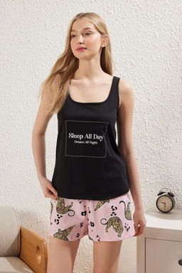 Trendyolmilla Siyah %100 Pamuklu Hayvan Desenli Sloganl? Sortlu Orme Pijama Tak?m? THMSS25PT00171 фото 4