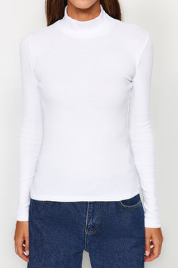 Trendyolmilla Siyah-Beyaz 2li Paket Fitilli Dik Yaka Fitted/Vucuda Oturan Uzun Kol Esnek Orme Bluz TWOAW24BZ00257