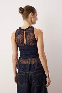 Lacivert Dantel Peplum Detayl? Party Bluz TPRAW26BZ00008