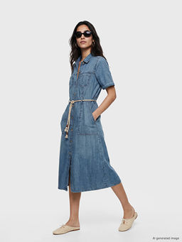 G?mlek Yaka Beli Kemerli Jean Elbise