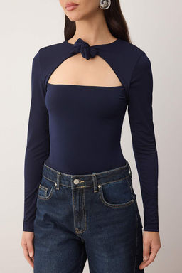 Lacivert Duz Asimetrik Yaka Uzun Orme Sandy Body TPRAW26BD00023