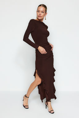 TRENDYOLMILLA Siyah Etegi Volanl? Kay?k Kaya Maxi Esnek Orme Elbise TWOAW24EL00616  фото 3