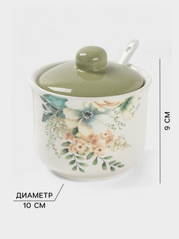 Сахарница с ложкой Доляна Цветы, доломит, 10?9 см, 300 мл, белая
