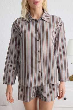 Trendyolmilla Kahverengi-Cok Renkli Cizgili Sortlu Dokuma Pijama Tak?m? THMSS25PT00134  фото 7