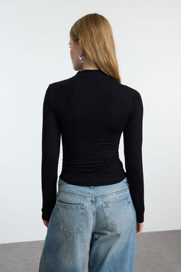 Siyah Fitted Buzgu/Drape Detayl? Dik Yaka Orme Bluz TWOAW25BZ00145