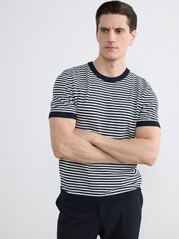 Bisiklet Yaka ?izgili K?sa Kollu Erkek Triko Kazak