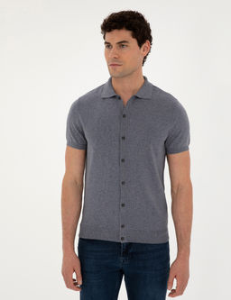 Koyu _ndigo Slim Fit D__meli Polo Yaka Keten Kar___ml_ Triko Ti__rt