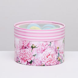 Коробка для макарун тубус с окном  Цветочный рай  16 х 16 х 9 см