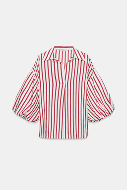 CAMISA RAYAS MANGA ABULLONADA / Rojo / Blanco