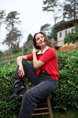 Limited Edition K?rm?z? Gomlek Yaka Garnili Renk Bloklu Ince Triko Ince Bluz TWOSS26BZ00117