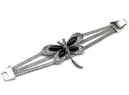 Браслет на металлической основе "Стрекоза" с агатом черным (имитация), 21см