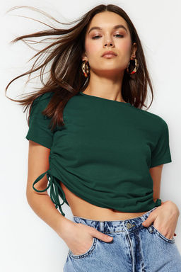 TRENDYOLMILLA Lacivert %100 Pamuk Bisiklet Yaka Buzgulu Basic Orme T-Shirt TWOSS21TS0131