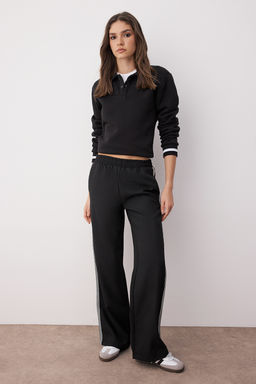 Siyah Yan? Serit Detayl? Beli Lastikli Wide Leg/Genis Paca Kumas Pantolon TWOAW26PL00054