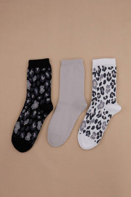 Gri-Siyah-Beyaz 3lu Animal Jakar Orme Corap THMSS26CO00032