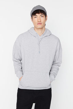 Gri Melanj Oversize/Geni_ Kesim Kap__onlu __i Polar/S_cak Tutan Sweatshirt TMNAW23SW00195