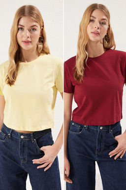 Bordo-Ac?k Sar? 2li Paket %100 Pamuk Crop Bisiklet Yaka Orme T-Shirt TWOSS20TS1480