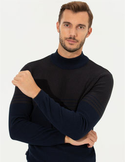 Lacivert Slim Fit Yar_m Bal_k__ Yaka Triko Kazak