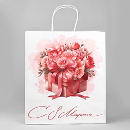 Пакет подарочный крафт С 8 марта, цветы, 32?28?15 см