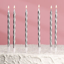 Свечи в торт Металлик , 14см, 6шт с подставкой, серебристые