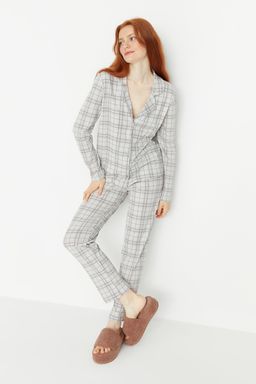 Trendyolmilla Bej %100 Pamuklu Ekoseli Orme Pijama Tak?m? THMAW20PT0266