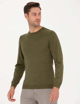 A__k Ye_il Slim Fit Bisiklet Yaka Y_n Kar___ml_ Basic Triko Kazak