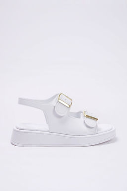 Beyaz Cift Tokal? Kad?n Kal?n Taban Sandalet TAKAW25SD00000