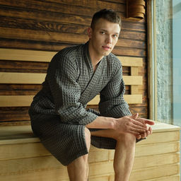 Халат вафельный мужской удлиненный Этель "Boho" размер 50-52, цвет светло-серый, 100% хлопок, 290 г/м2