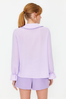 TRENDYOLMILLA Beyaz Bebe Yaka Ponpon Detayl? Regular Normal Kal?p Dokuma Gomlek TWOAW21GO0717  фото 7