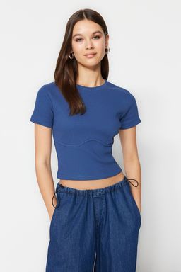 Trendyolmilla Beyaz Biye Detayl? Bisiklet Yaka Crop Fitilli Esnek Orme Bluz TWOAW21BZ0638 фото 24