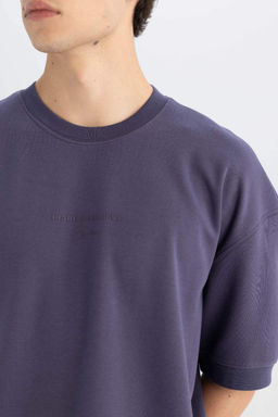 Свободная футболка из плотной ткани с круглым вырезом и принтом - Defacto фото 5