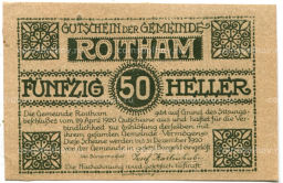 Банкнота 50 геллеров 1920 года Австрия  Ройтам (нотгельд)