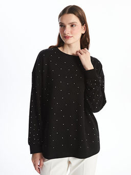 Bisiklet Yaka Parlak Ta?l? Oversize Kad?n Sweatshirt