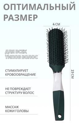 Расчёска массажная, прорезиненная ручка, 4×23(±1) см, зелёная, белая