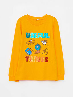 Bisiklet Yaka Bask?l? ?ift Y?nl? Payetli Uzun Kollu Erkek ?ocuk Ti??rt